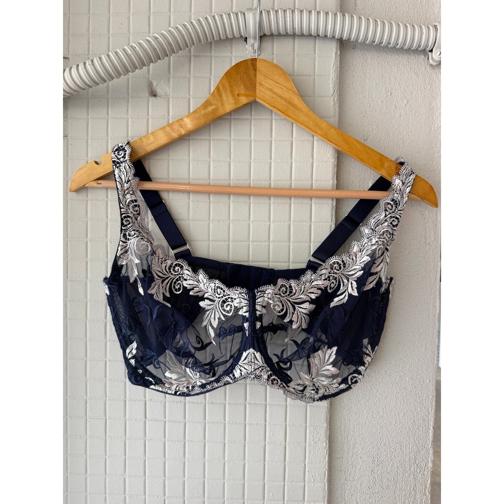 Soma Sensuous Lace Unlined Bra 36G Navy Blue Silver Floral Embroidered Underwire